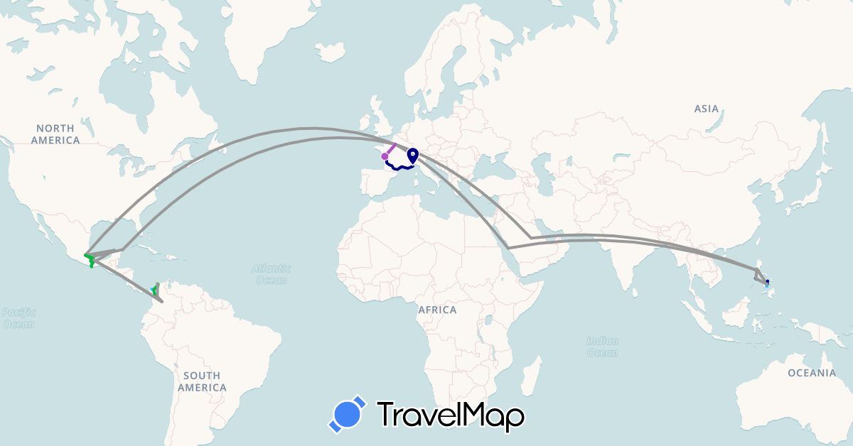 TravelMap itinerary: driving, bus, plane, train, boat in Colombia, France, Italy, Mexico, Philippines, Saudi Arabia (Asia, Europe, North America, South America)